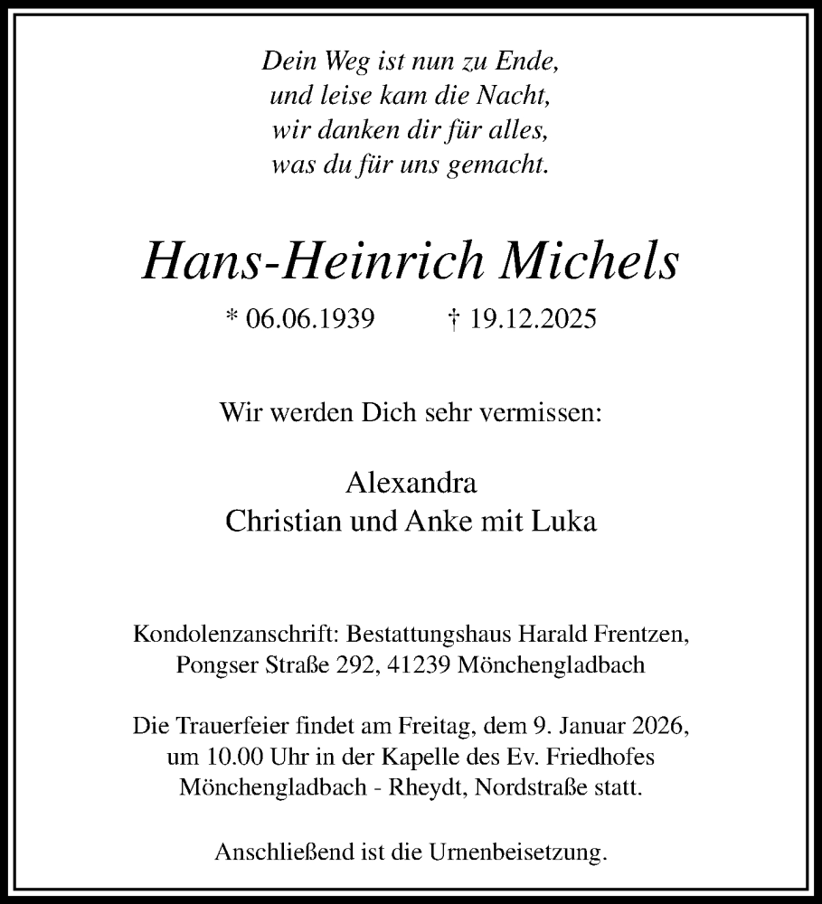  Traueranzeige für Hans-Heinrich Michels vom 04.01.2026 aus trauer.panorama-anzeigenblatt.de