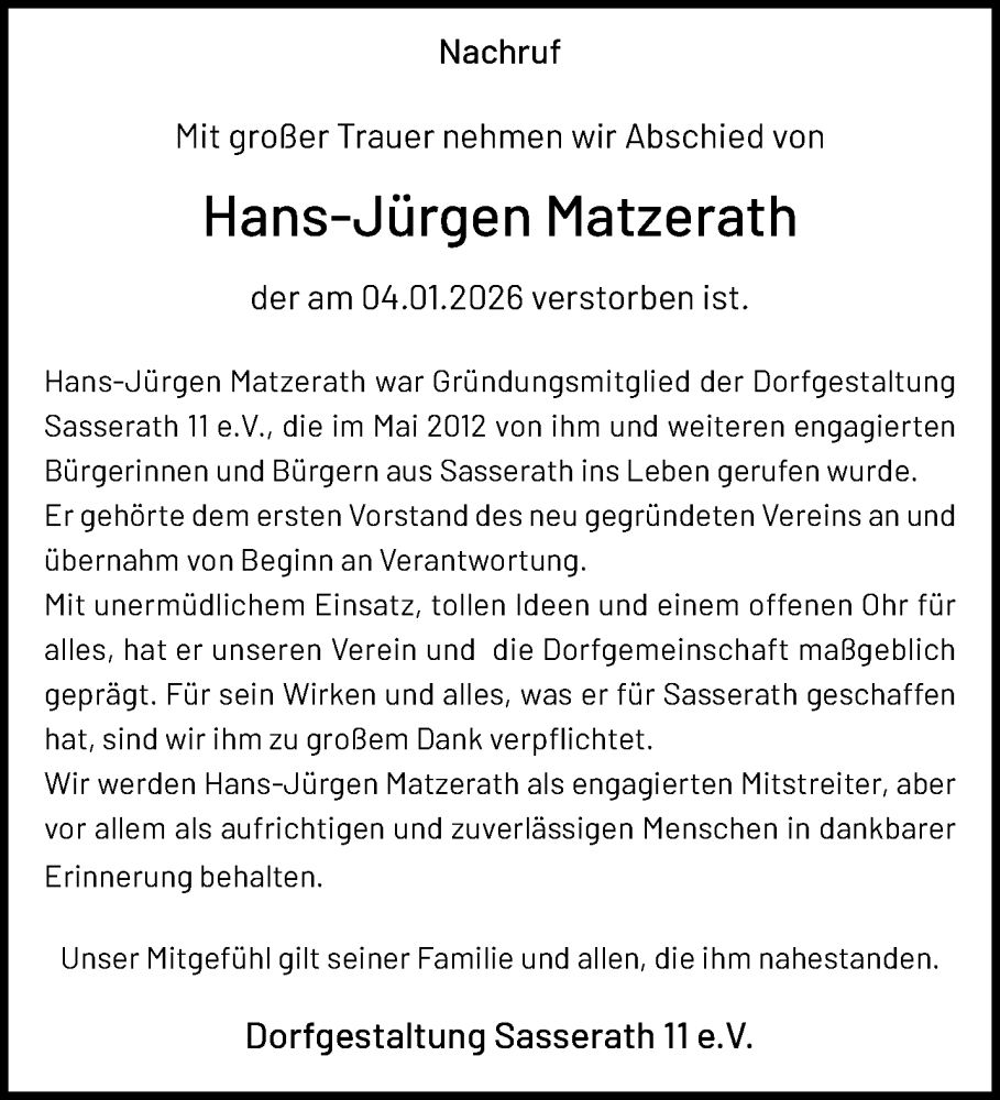  Traueranzeige für Hans-Jürgen Matzerath vom 25.01.2026 aus trauer.panorama-anzeigenblatt.de