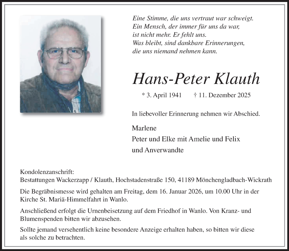  Traueranzeige für Hans-Peter Klauth vom 04.01.2026 aus trauer.panorama-anzeigenblatt.de