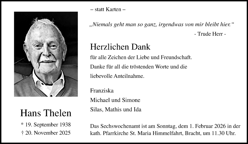  Traueranzeige für Hans Thelen vom 25.01.2026 aus trauer.panorama-anzeigenblatt.de