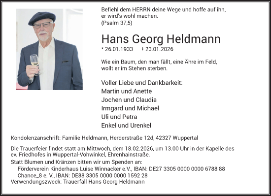 Traueranzeige von Hans Georg Heldmann von trauer.wuppertaler-rundschau.de