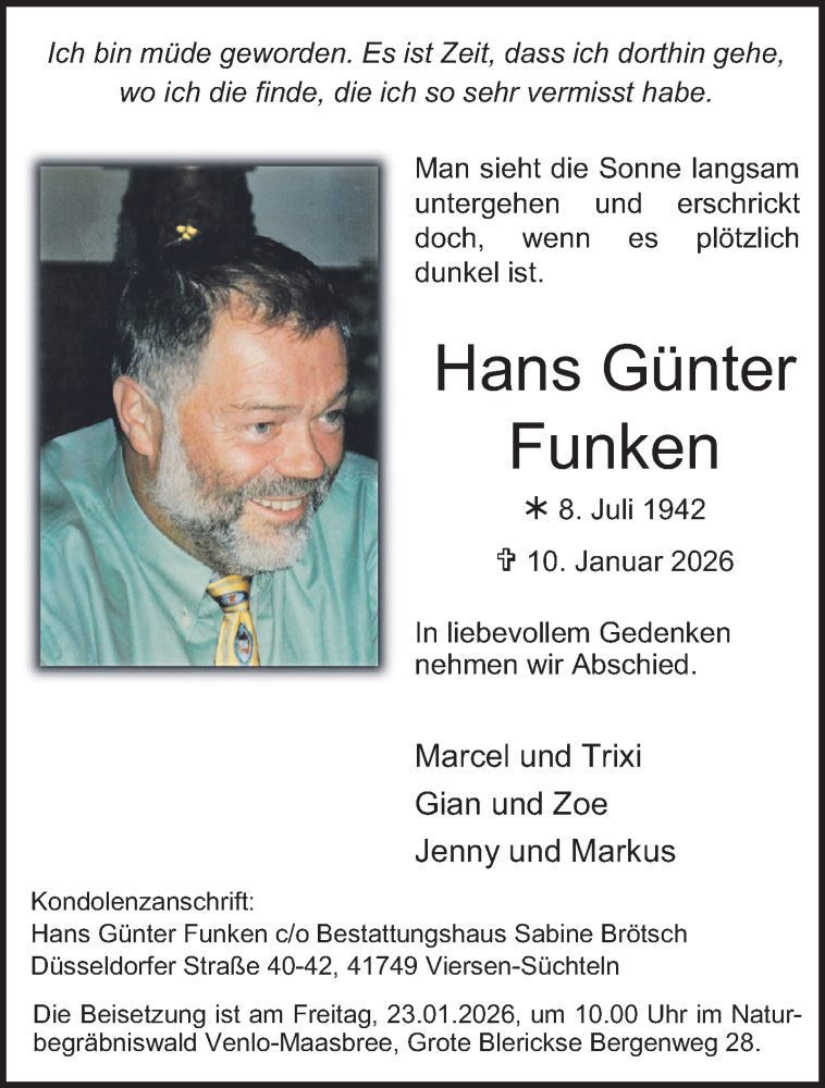  Traueranzeige für Hans Günter Funken vom 18.01.2026 aus trauer.panorama-anzeigenblatt.de
