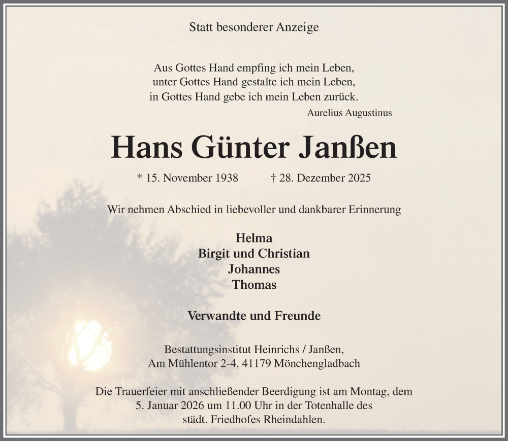  Traueranzeige für Hans Günter Janßen vom 04.01.2026 aus trauer.panorama-anzeigenblatt.de