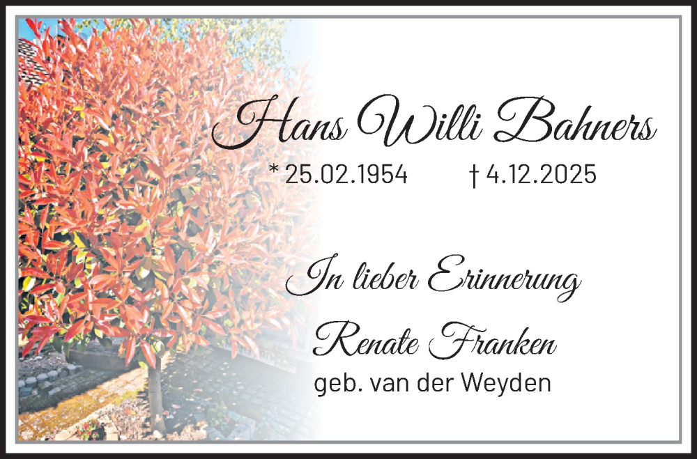  Traueranzeige für Hans Willi Bahners vom 11.01.2026 aus trauer.panorama-anzeigenblatt.de