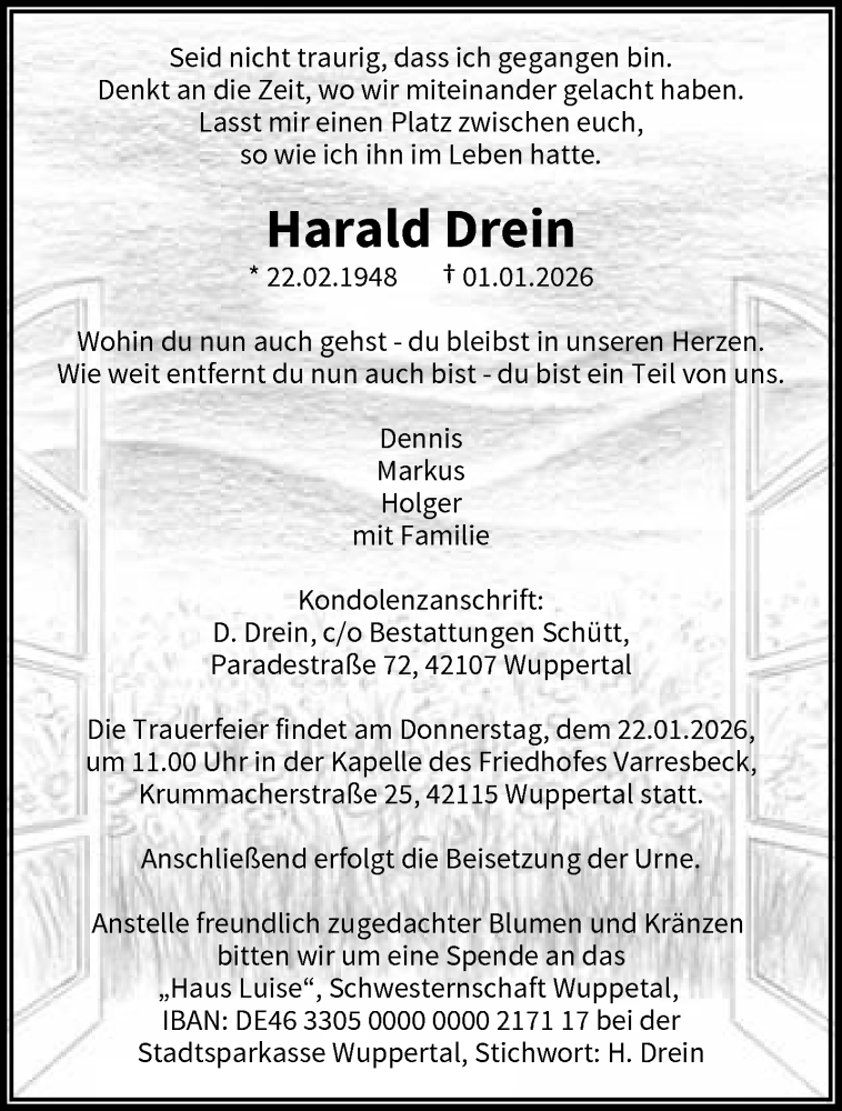  Traueranzeige für Harald Drein vom 17.01.2026 aus trauer.wuppertaler-rundschau.de
