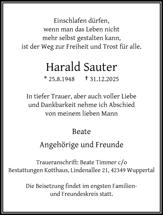 Traueranzeige von Harald Sauter von trauer.wuppertaler-rundschau.de