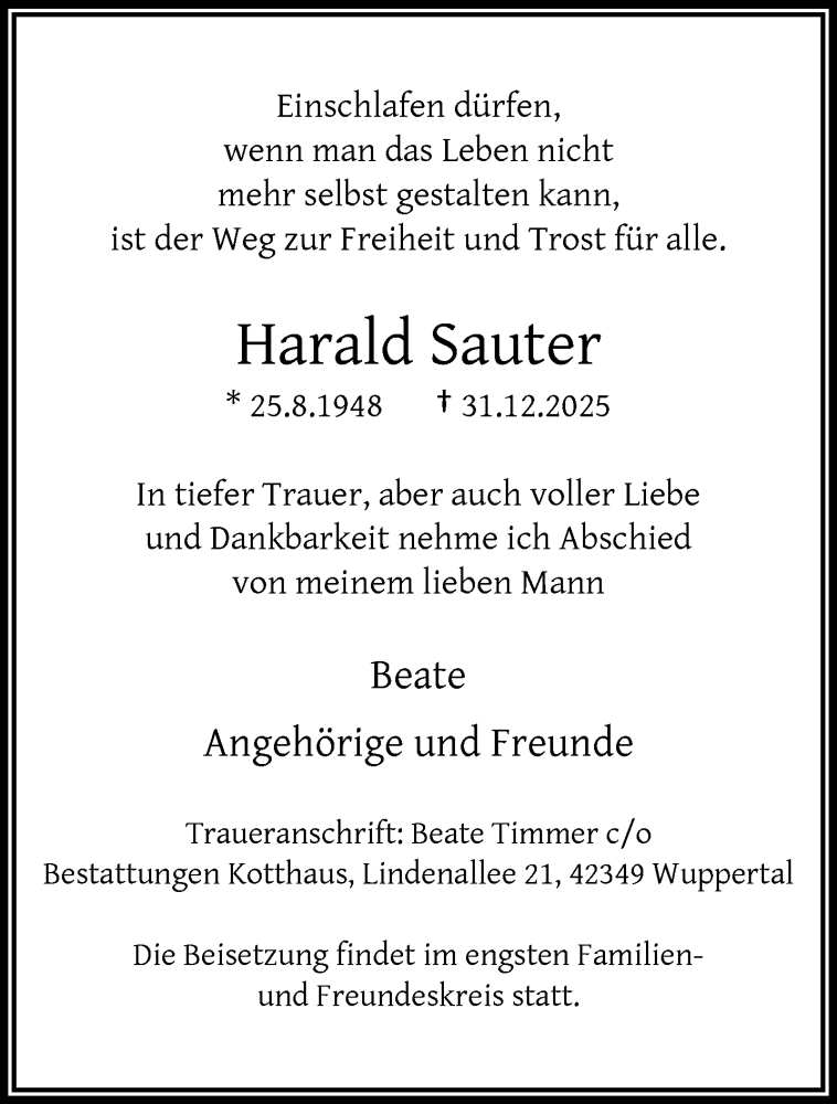  Traueranzeige für Harald Sauter vom 10.01.2026 aus trauer.wuppertaler-rundschau.de