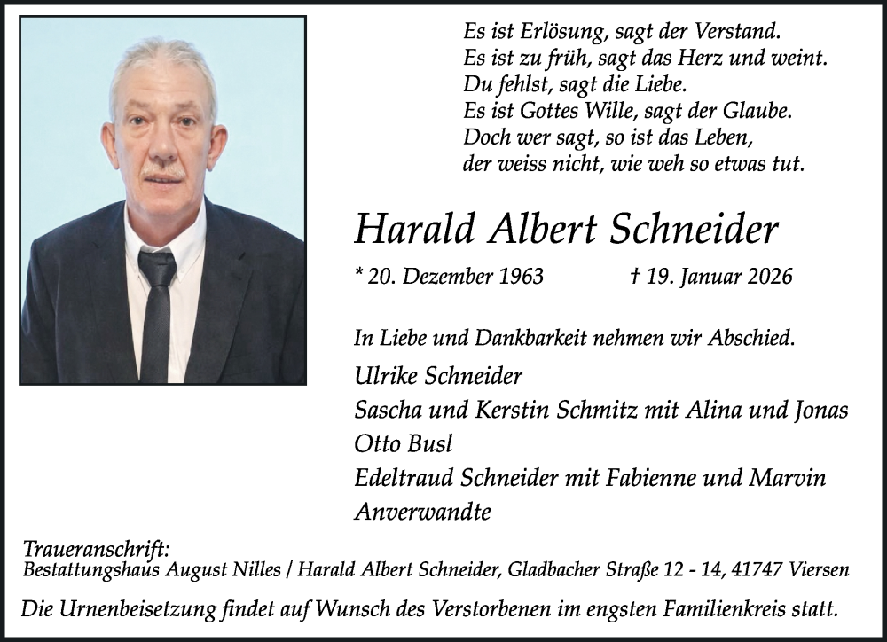  Traueranzeige für Harald Albert Schneider vom 25.01.2026 aus trauer.panorama-anzeigenblatt.de