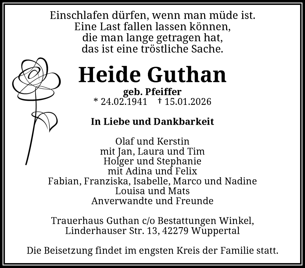  Traueranzeige für Heide Guthan vom 24.01.2026 aus trauer.wuppertaler-rundschau.de