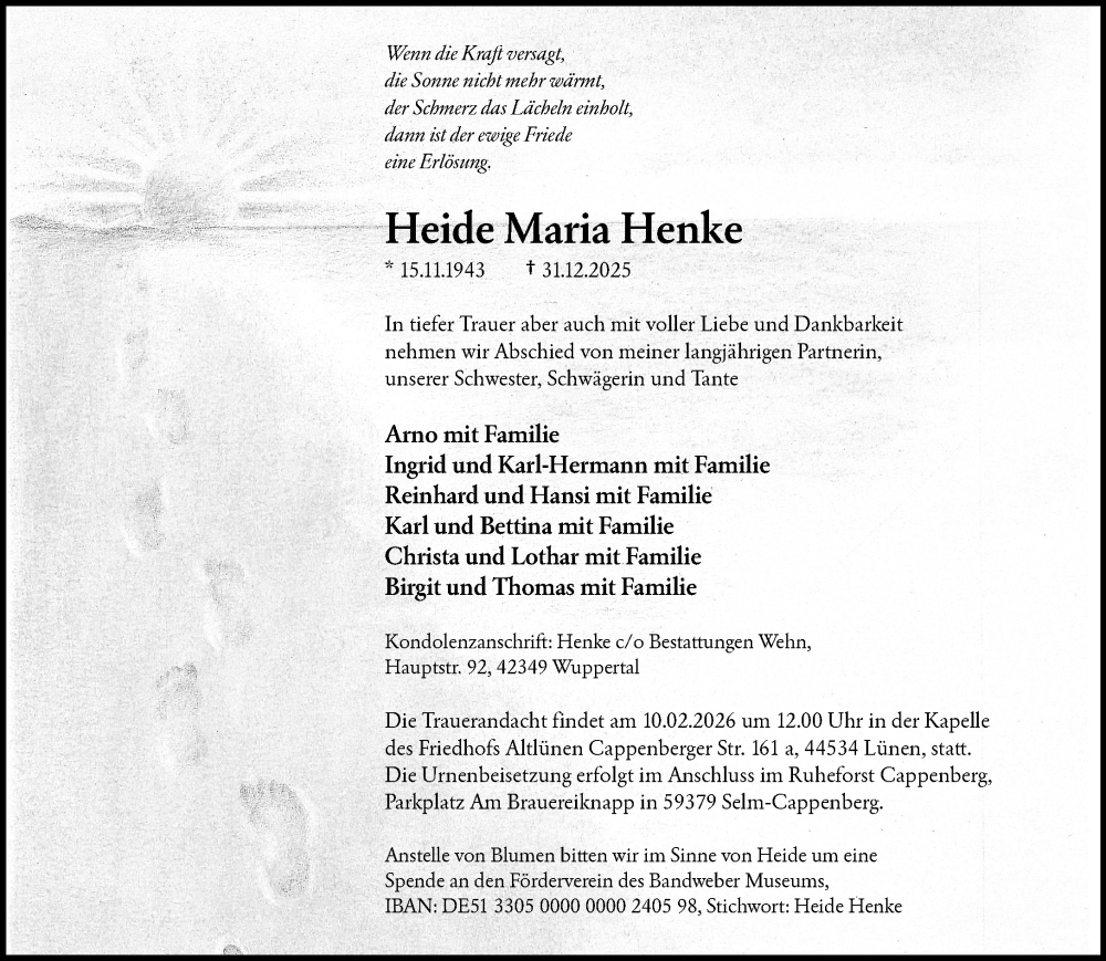  Traueranzeige für Heide Maria Henke vom 24.01.2026 aus trauer.wuppertaler-rundschau.de