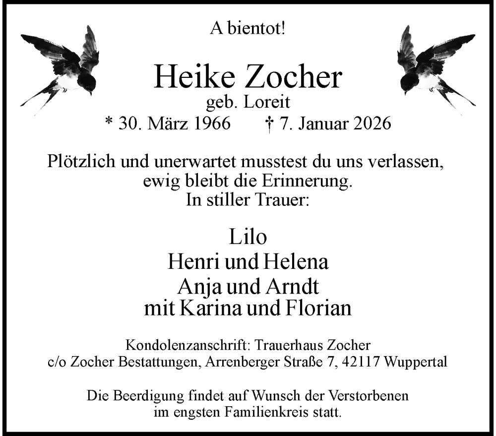  Traueranzeige für Heike Zocher vom 17.01.2026 aus trauer.wuppertaler-rundschau.de