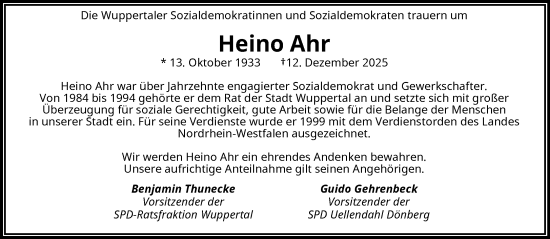 Traueranzeige von Heino Ahr von trauer.wuppertaler-rundschau.de