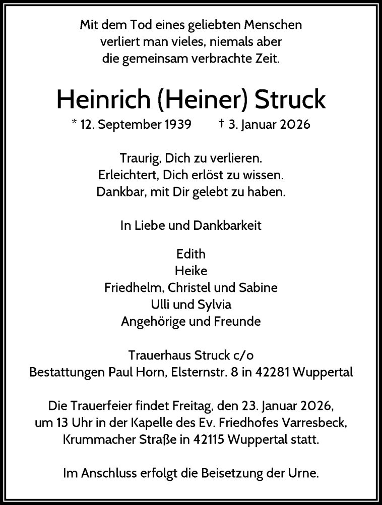  Traueranzeige für Heinrich Struck vom 17.01.2026 aus trauer.wuppertaler-rundschau.de