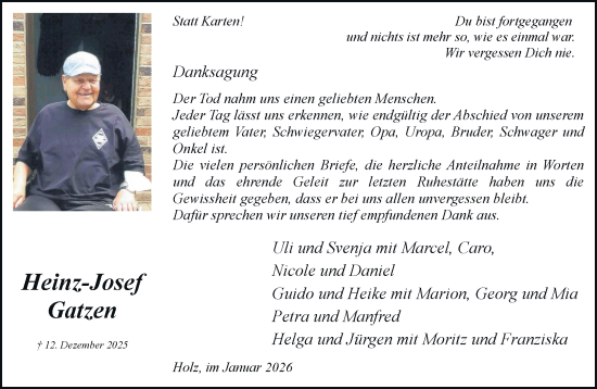 Traueranzeige von Heinz-Josef Gatzen von trauer.stadt-kurier.de