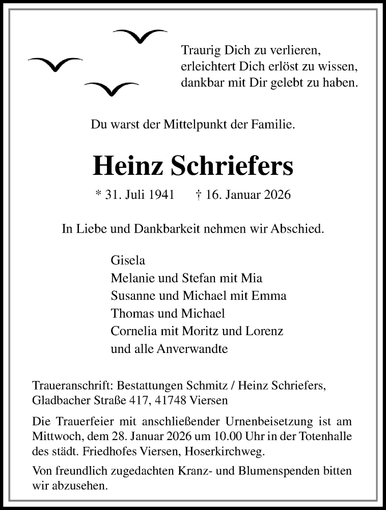 Traueranzeige für Heinz Schriefers vom 25.01.2026 aus trauer.panorama-anzeigenblatt.de