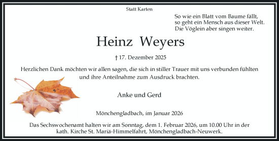 Traueranzeige von Heinz Weyers von trauer.panorama-anzeigenblatt.de