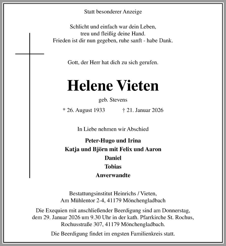  Traueranzeige für Helene Vieten vom 25.01.2026 aus trauer.panorama-anzeigenblatt.de