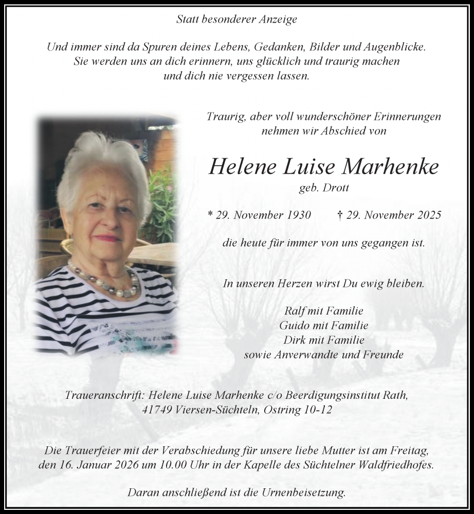  Traueranzeige für Helene Luise Marhenke vom 11.01.2026 aus trauer.panorama-anzeigenblatt.de