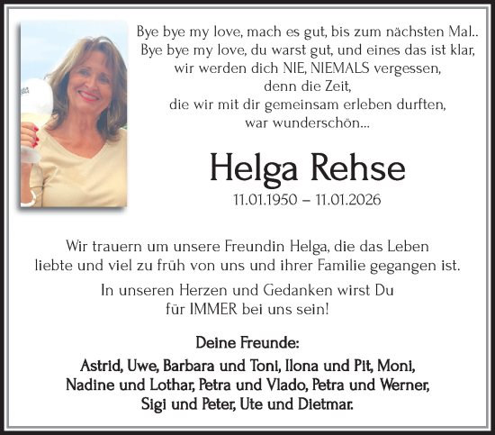 Traueranzeige von Helga Rehse von trauer.panorama-anzeigenblatt.de