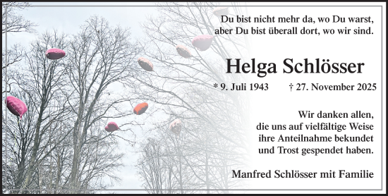 Traueranzeige von Helga Schlösser von trauer.panorama-anzeigenblatt.de