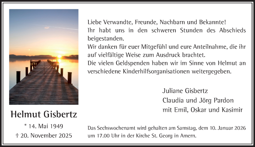  Traueranzeige für Helmut Gisbertz vom 04.01.2026 aus trauer.panorama-anzeigenblatt.de