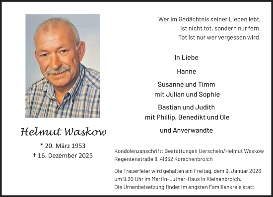 Traueranzeige von Helmut Waskow von trauer.panorama-anzeigenblatt.de