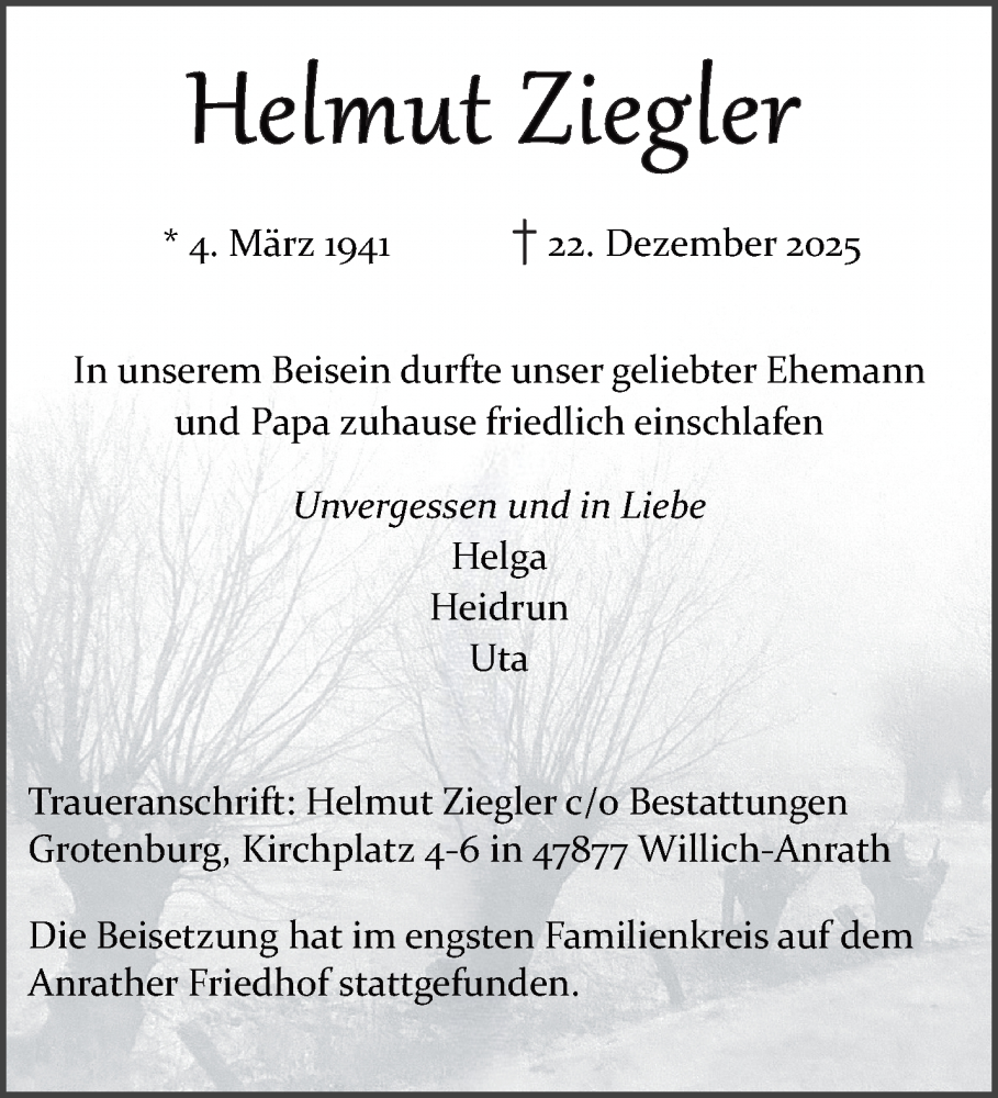  Traueranzeige für Helmut Ziegler vom 11.01.2026 aus trauer.panorama-anzeigenblatt.de