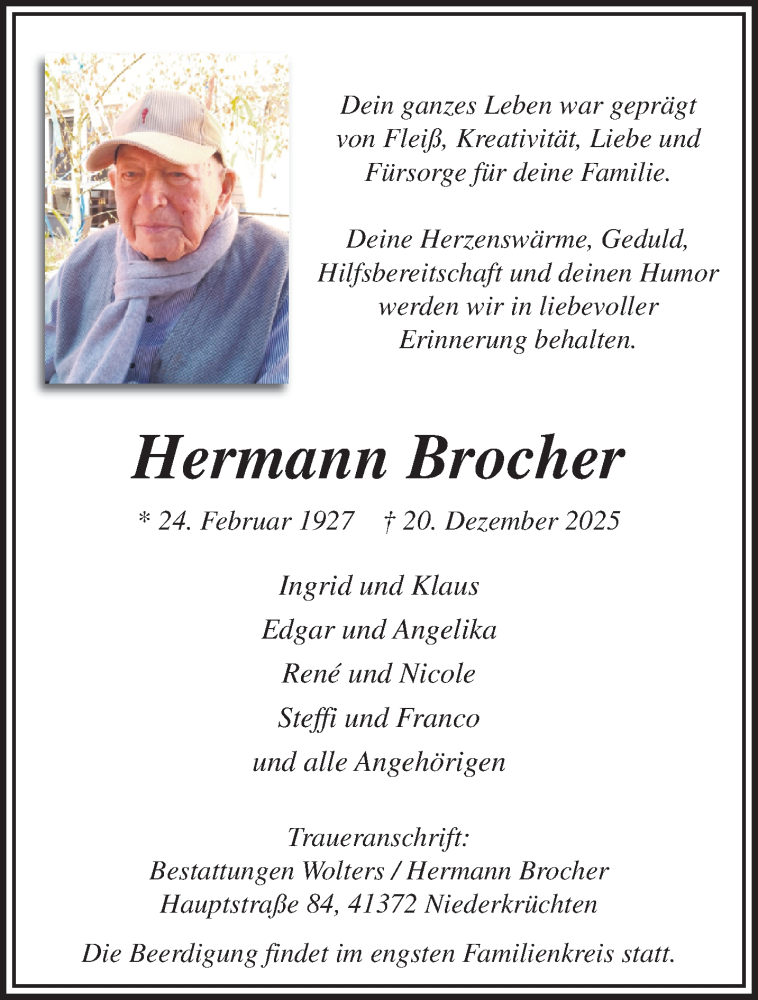  Traueranzeige für Hermann Brocher vom 11.01.2026 aus trauer.panorama-anzeigenblatt.de