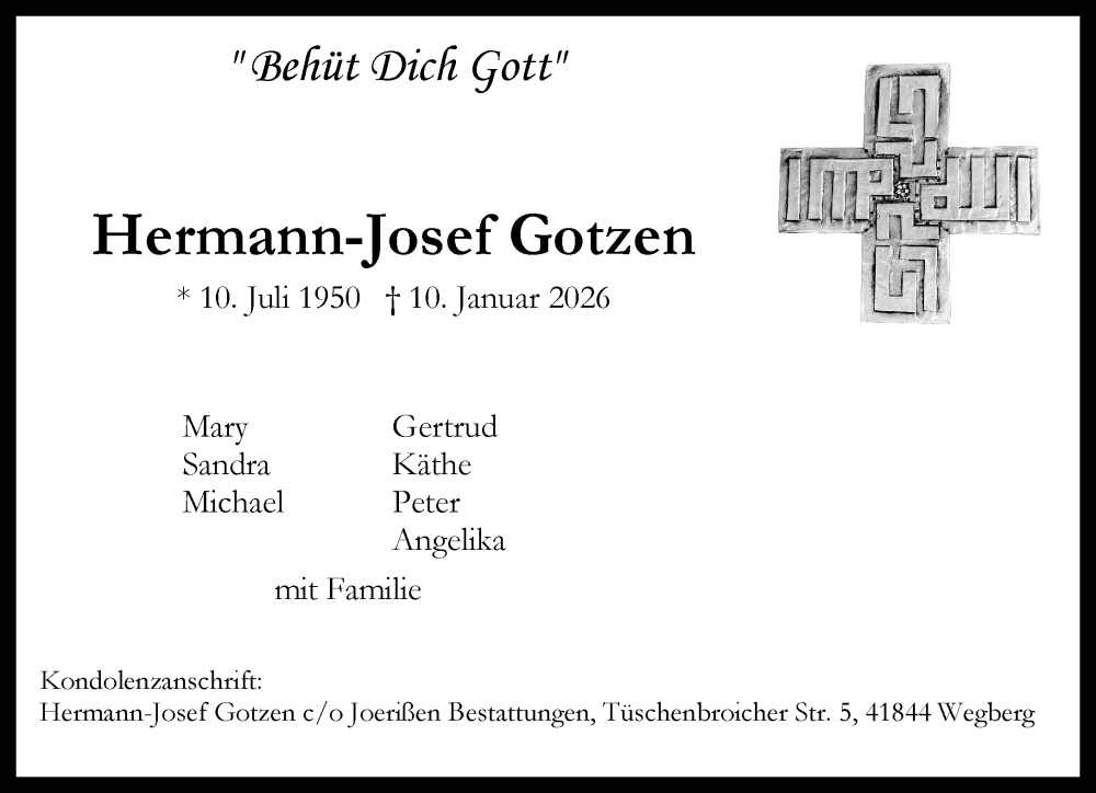  Traueranzeige für Hermann-Josef Gotzen vom 18.01.2026 aus trauer.panorama-anzeigenblatt.de