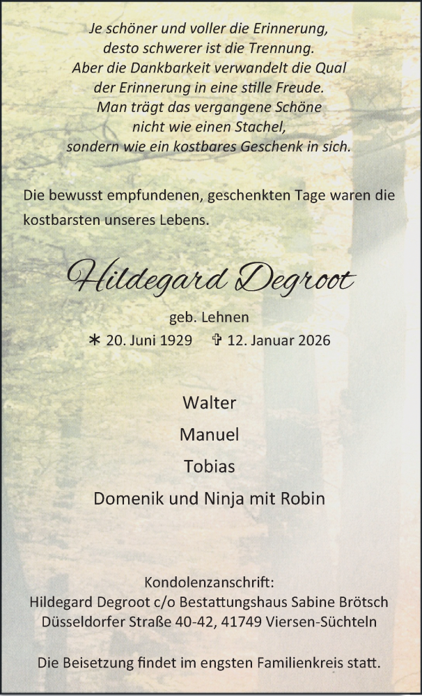  Traueranzeige für Hildegard Degroot vom 25.01.2026 aus trauer.panorama-anzeigenblatt.de