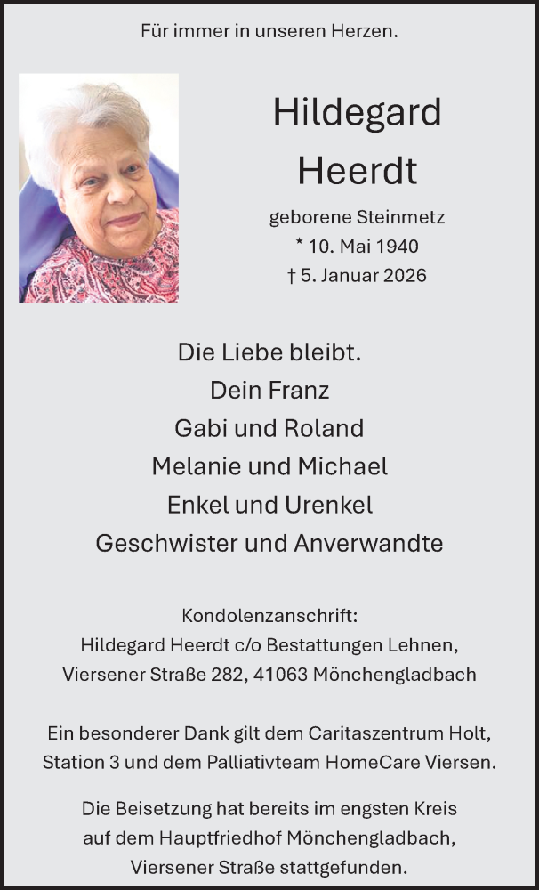  Traueranzeige für Hildegard Heerdt vom 25.01.2026 aus trauer.panorama-anzeigenblatt.de