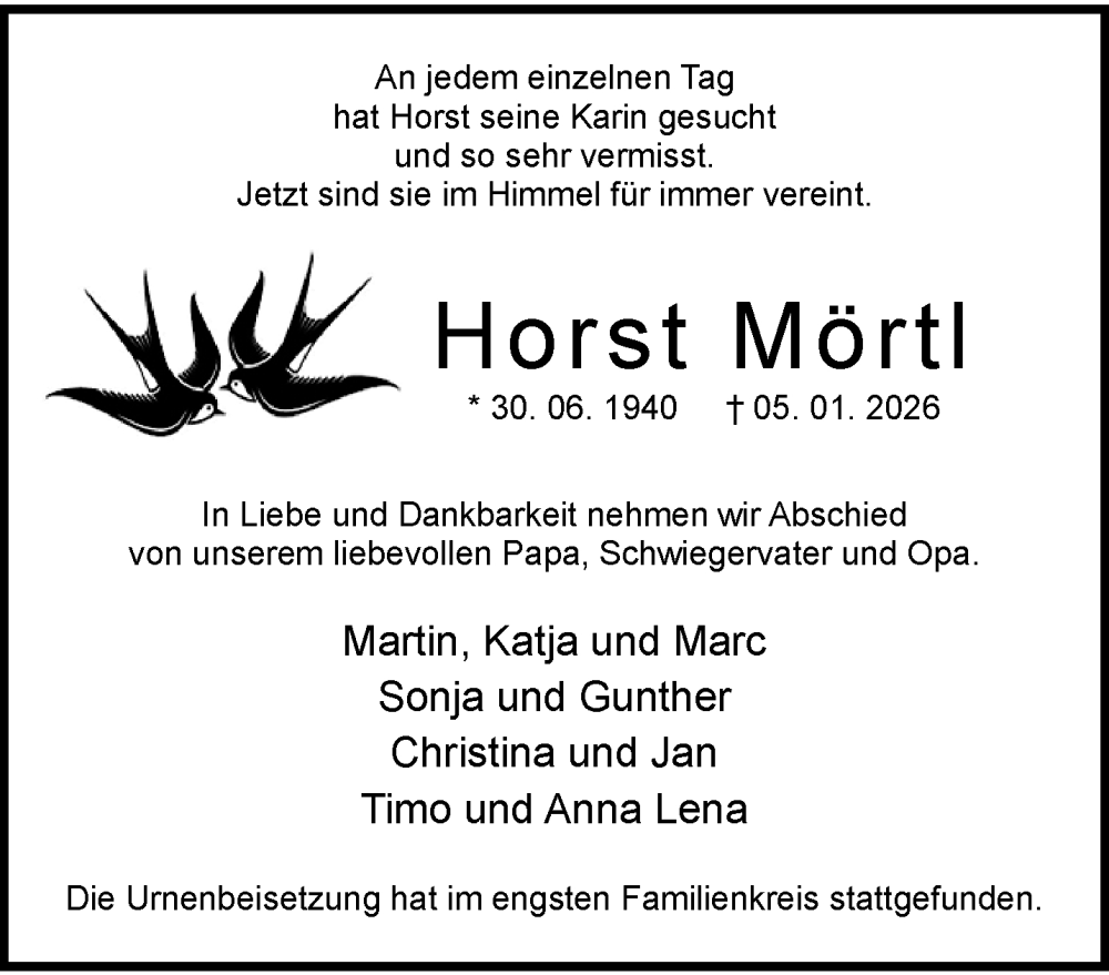  Traueranzeige für Horst Mörtl vom 24.01.2026 aus trauer.wuppertaler-rundschau.de