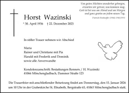 Traueranzeige von Horst Wazinski von trauer.panorama-anzeigenblatt.de