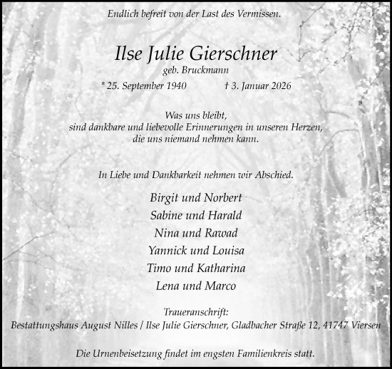 Traueranzeige von Ilse Julie Gierschner von trauer.panorama-anzeigenblatt.de