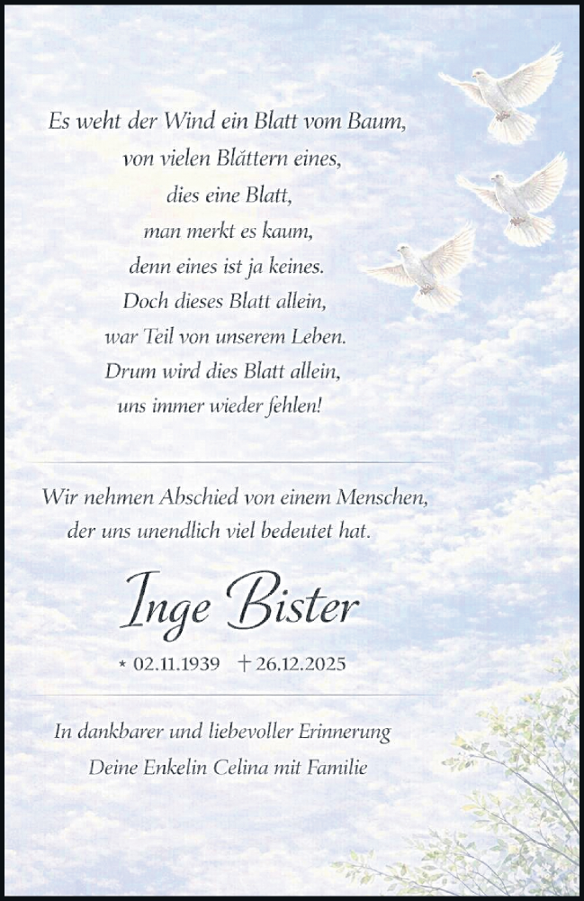  Traueranzeige für Inge Blister vom 10.01.2026 aus trauer.stadt-kurier.de