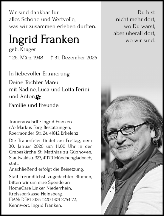 Traueranzeige von Ingrid Franken von trauer.panorama-anzeigenblatt.de