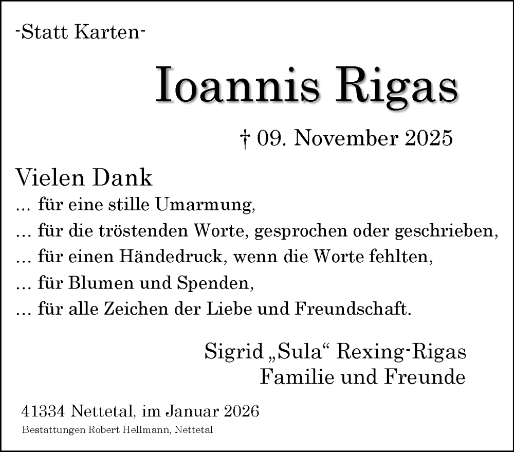  Traueranzeige für Ioannis Rigas vom 11.01.2026 aus trauer.panorama-anzeigenblatt.de