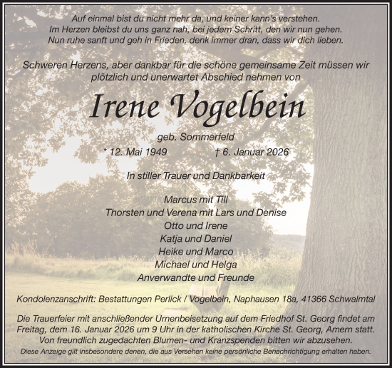 Traueranzeige von Irene Vogelbein von trauer.panorama-anzeigenblatt.de