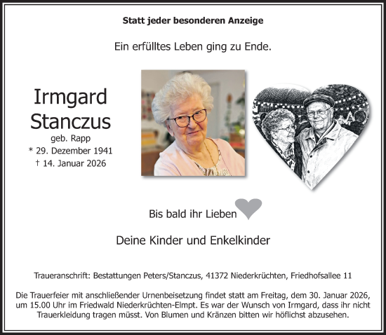 Traueranzeige von Irmgard Stanczus von trauer.panorama-anzeigenblatt.de