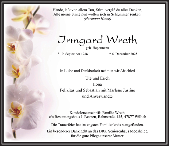 Traueranzeige von Irmgard Wreth von trauer.panorama-anzeigenblatt.de