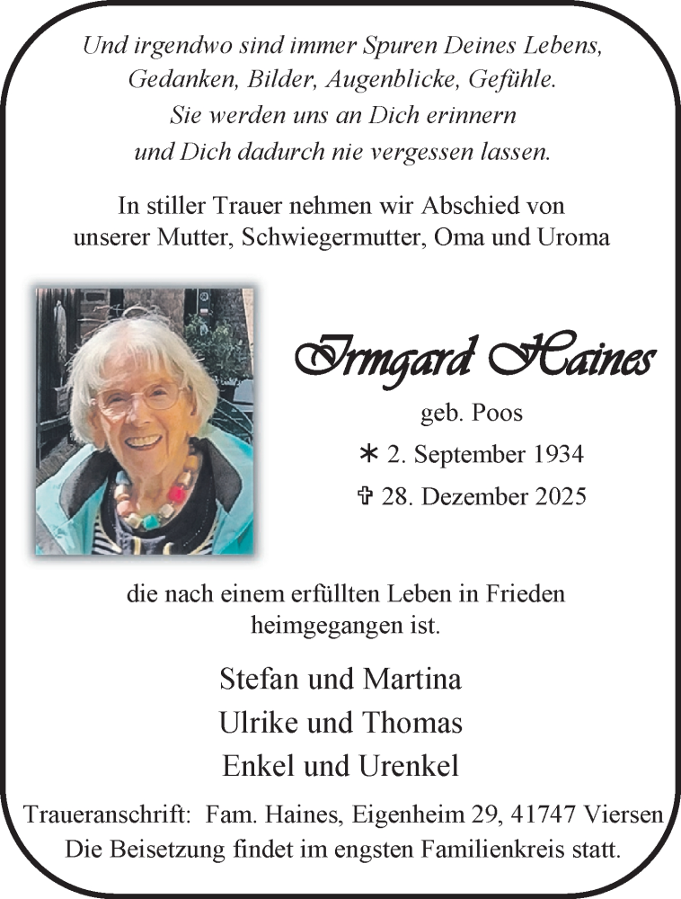  Traueranzeige für Irmtraud Haines vom 11.01.2026 aus trauer.panorama-anzeigenblatt.de