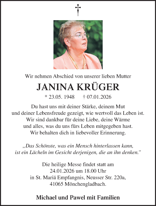 Traueranzeige von Janina Krüger von trauer.panorama-anzeigenblatt.de