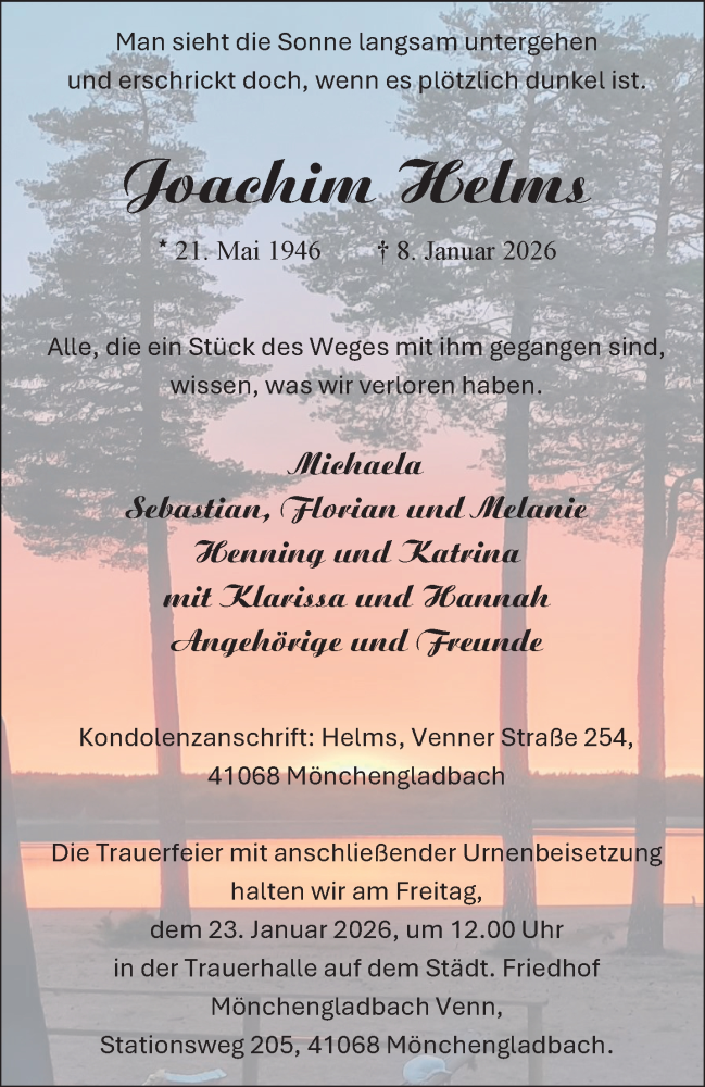  Traueranzeige für Joachim Helms vom 18.01.2026 aus trauer.panorama-anzeigenblatt.de