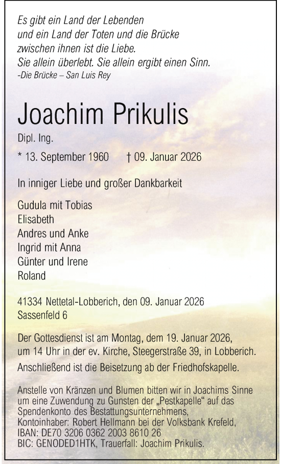 Traueranzeige von Joachim Prikulis von trauer.panorama-anzeigenblatt.de