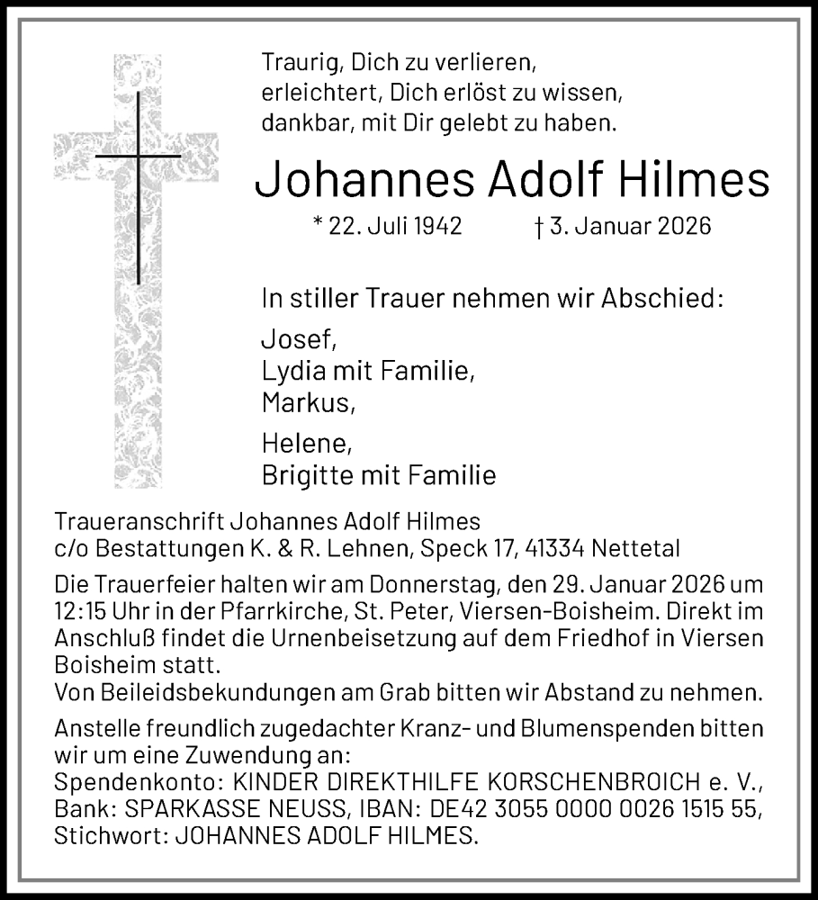  Traueranzeige für Johannes Adolf Hilmes vom 18.01.2026 aus trauer.panorama-anzeigenblatt.de