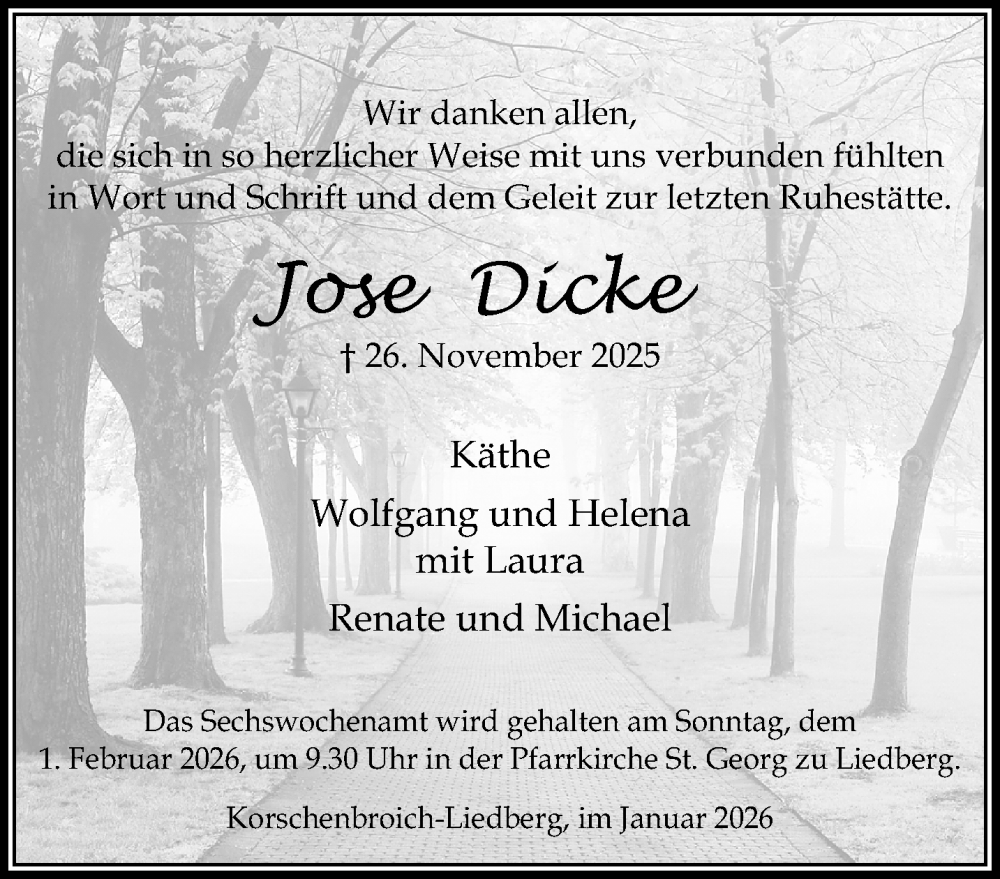  Traueranzeige für Jose Dicke vom 18.01.2026 aus trauer.panorama-anzeigenblatt.de