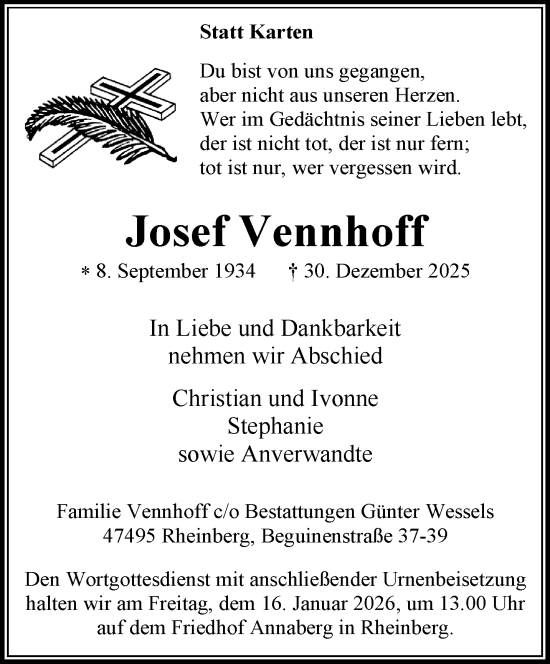 Traueranzeige von Josef Vennhoff von trauer.panorama-anzeigenblatt.de