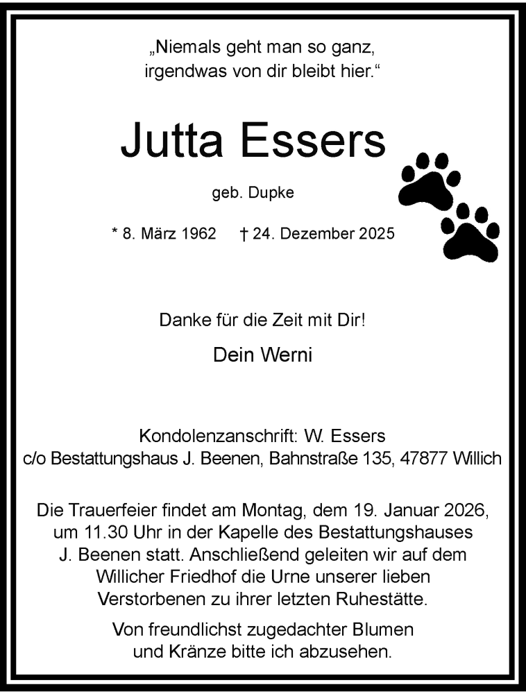  Traueranzeige für Jutta Essers vom 11.01.2026 aus trauer.panorama-anzeigenblatt.de