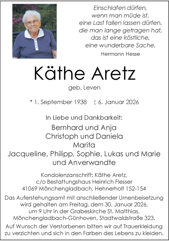Traueranzeige von Käthe Aretz von trauer.panorama-anzeigenblatt.de
