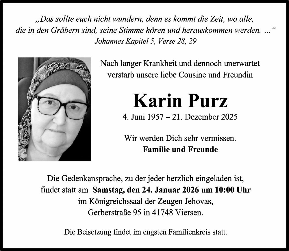  Traueranzeige für Karin Purz vom 18.01.2026 aus trauer.panorama-anzeigenblatt.de